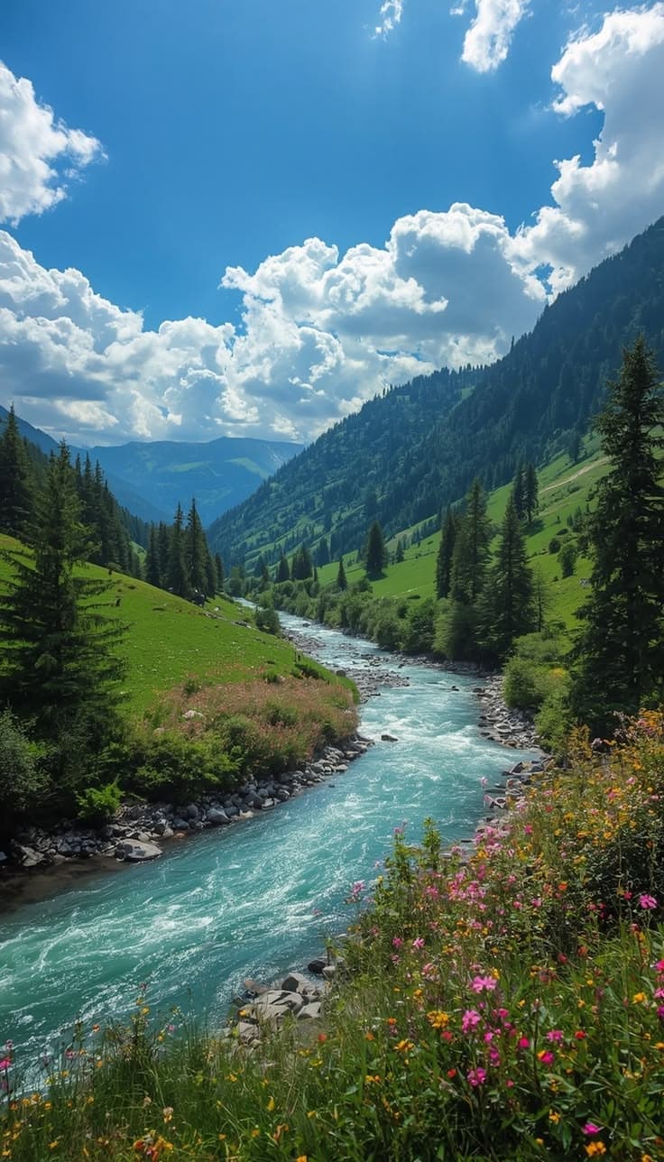 A turquoise river winding through green mountain meadows and pine forests in summer